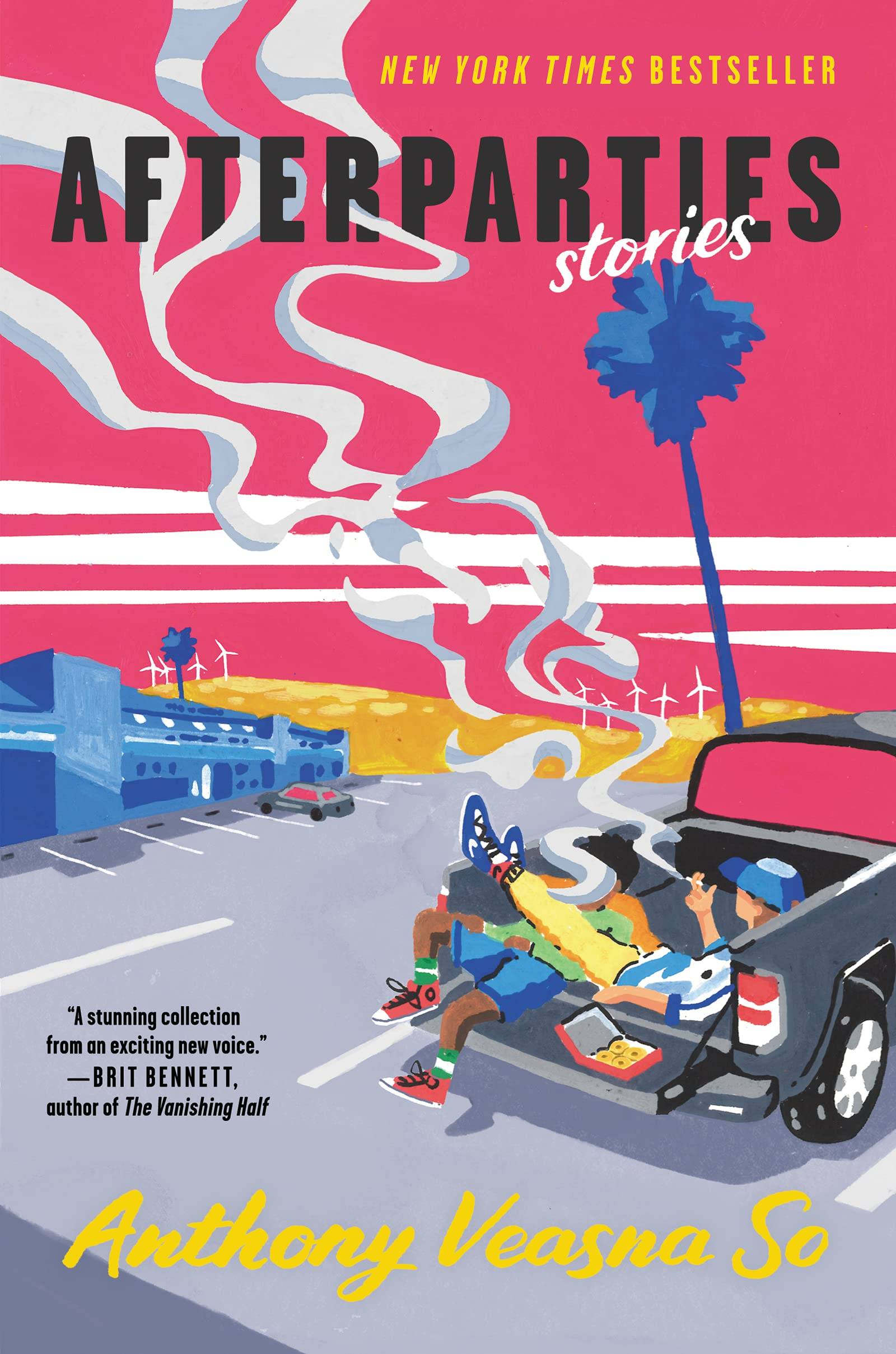 Pink "afterparties" cover featuring an illustration of two people hanging out in the back of a pick up truck smoking with hills, palm trees, and wind turbines in the background.